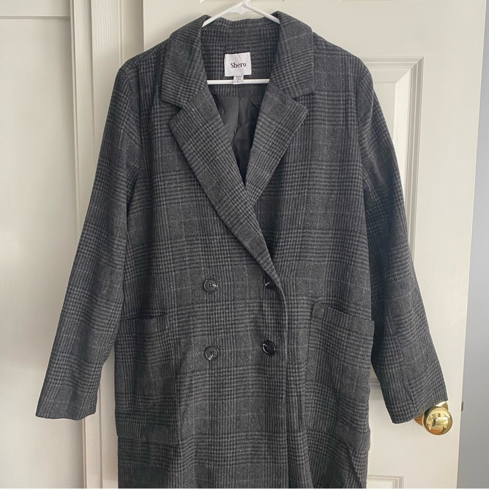 Gray and Black Plaid Double Breasted Blazer